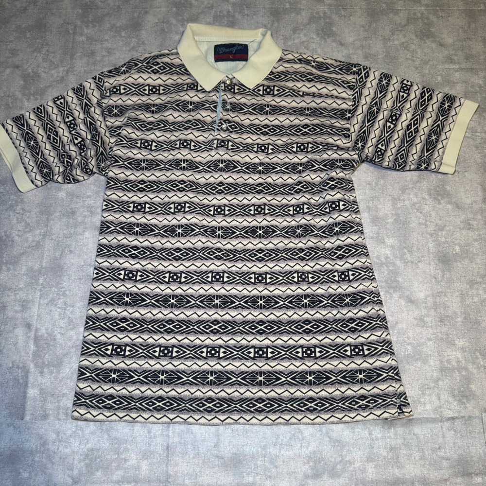 Wrangler Mens Large Geometric Tribal Print Polo Shirt Short Sleeve Gray White
